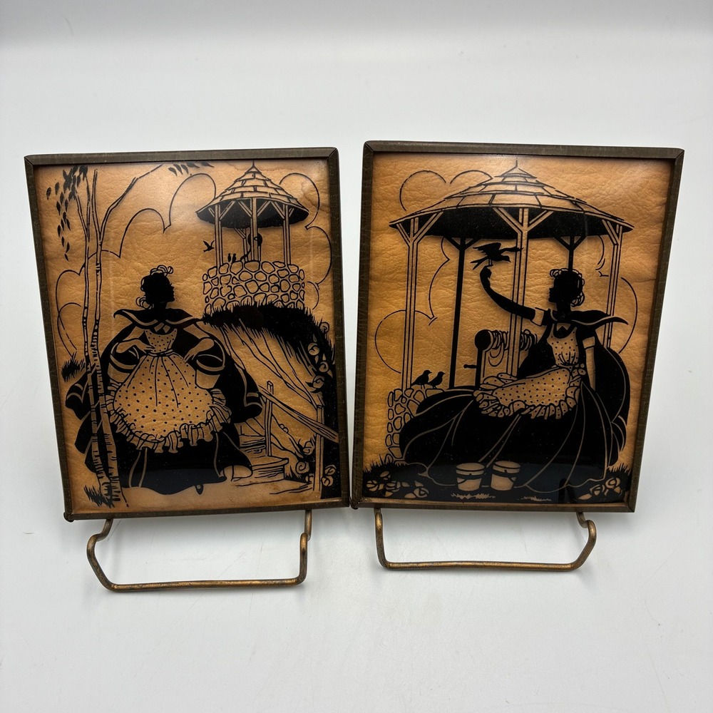 Vintage Silhouette Reverse Glass Painting Set Convex Bubble Glass Victorian Pair